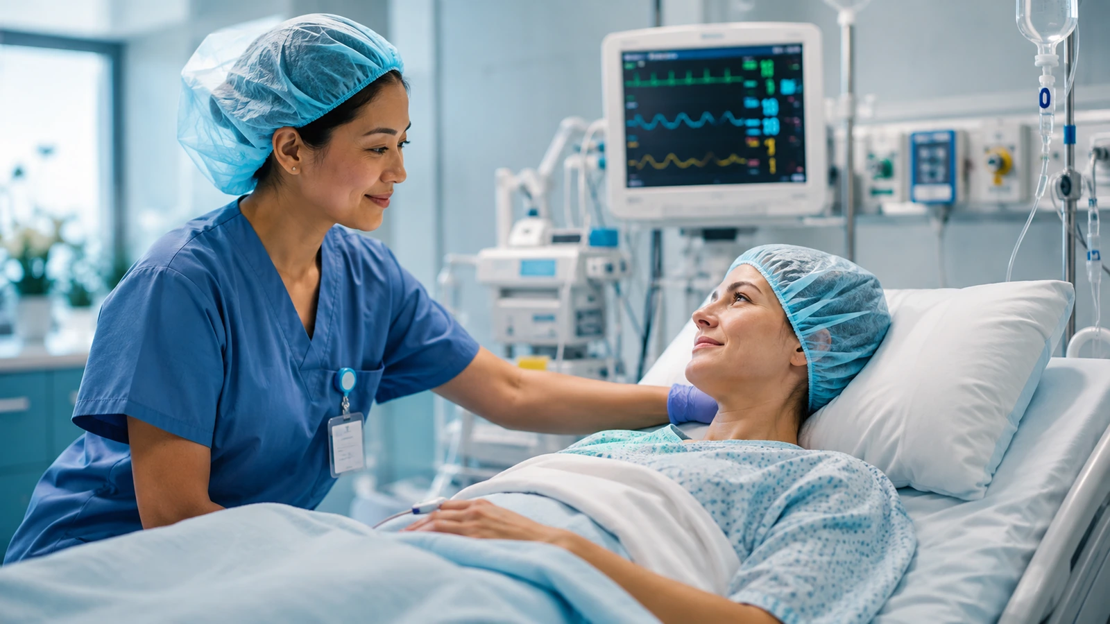 Patient receiving postoperative care in a recovery setting